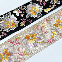 【50cmカット済】インド刺繍リボン ブラックxイエローxパープル　シルク　SS335 7枚目の画像