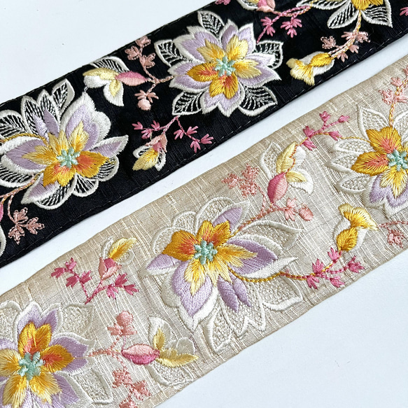 【50cm】インド刺繍リボン アイボリーxイエローxパープル　シルク　SS336 6枚目の画像