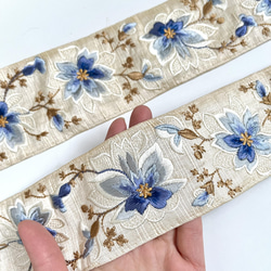 【50cm】インド刺繍リボン アイボリーxブルー　シルク　SS338 4枚目の画像