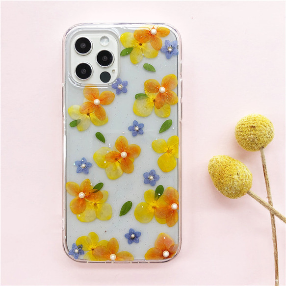 紫陽花＆忘れな草】 iPhone14Pro/SE/Xperia10IV/GALAXYS23 押し花