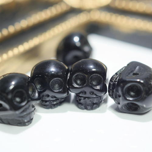10mm 2個 天然石 スカル（骸骨）穴あき ビーズ オブシディアン 横穴