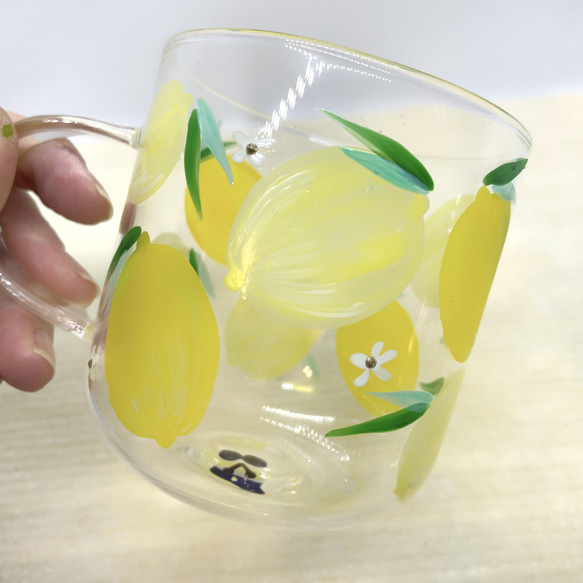グラス　耐熱　マグカップ　レモン　手描き　絵付け　名入れ　コップ　ハンドペイント 7枚目の画像