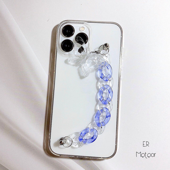 蝶々チャーム付きクリアブルーチェーンのキーリングハンガー、iPhone