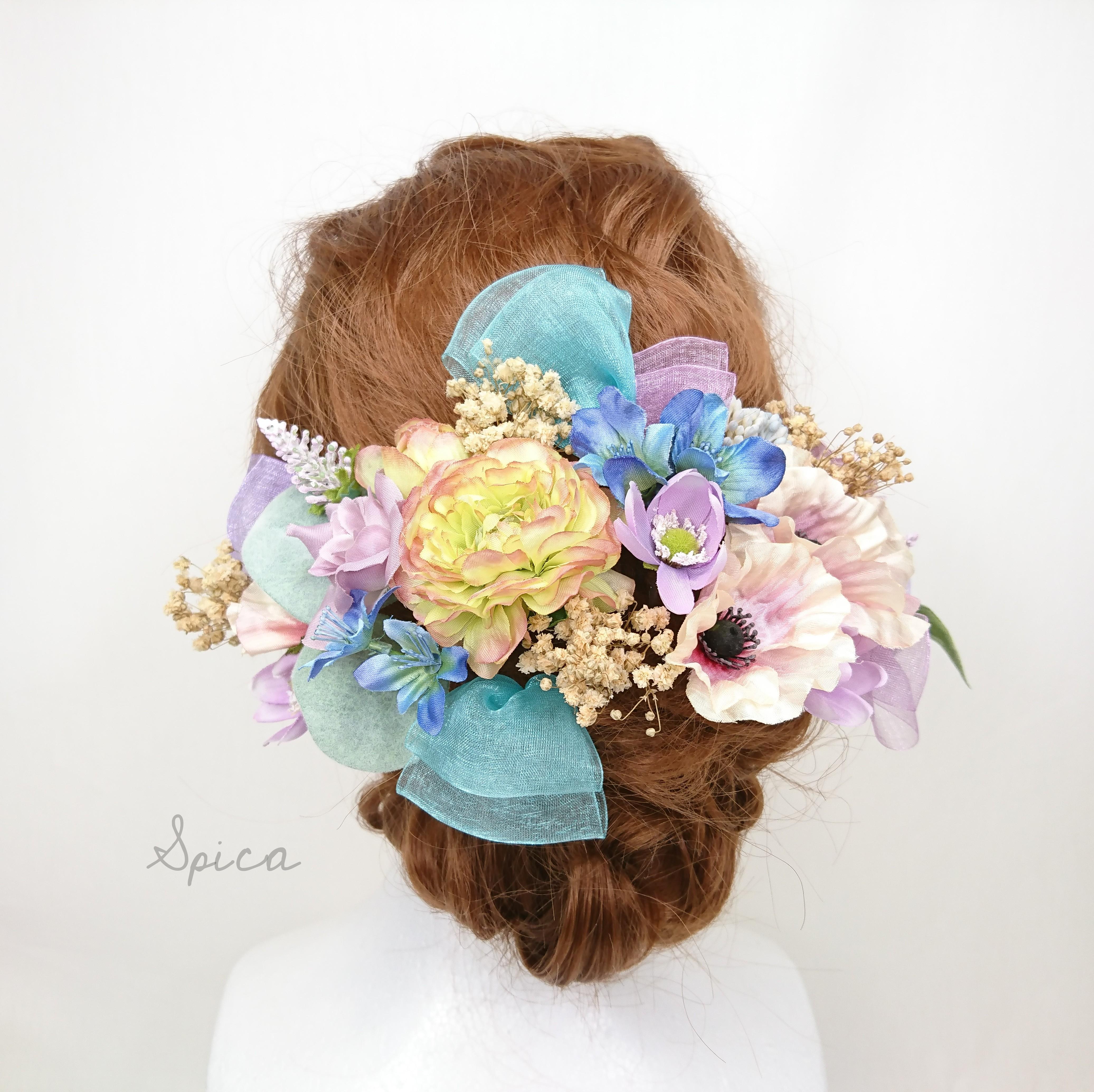 アネモネとラナンキュラスのヘッドドレス ウェディング 髪飾り 卒業式 袴 ドレス 卒業式 ブルー 水色 造花 リボン 紫
