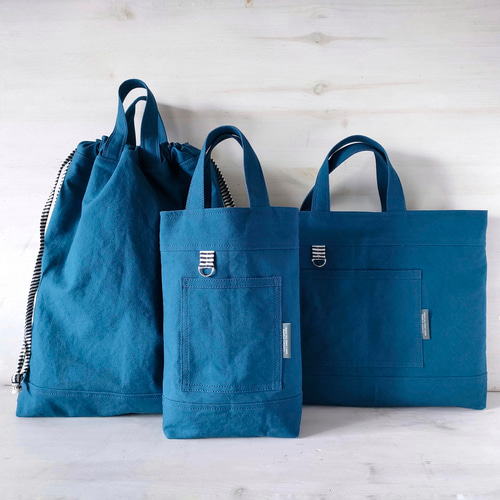 シンプル3点セット*くすんだ青＊ボーダー レッスンバッグ＆シューズ