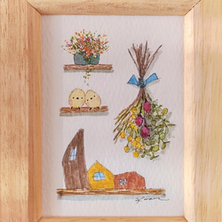 「シマエナガとスワッグと小物たち」フレーム入りですぐに飾れる水彩画 3枚目の画像