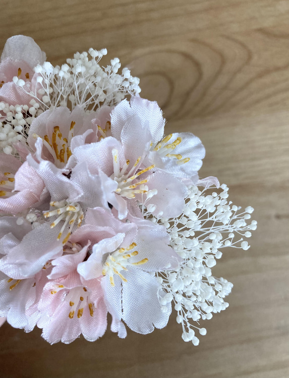 ほんのりピンクの桜とかすみ草プリザのヘッドコサージュ 1枚目の画像
