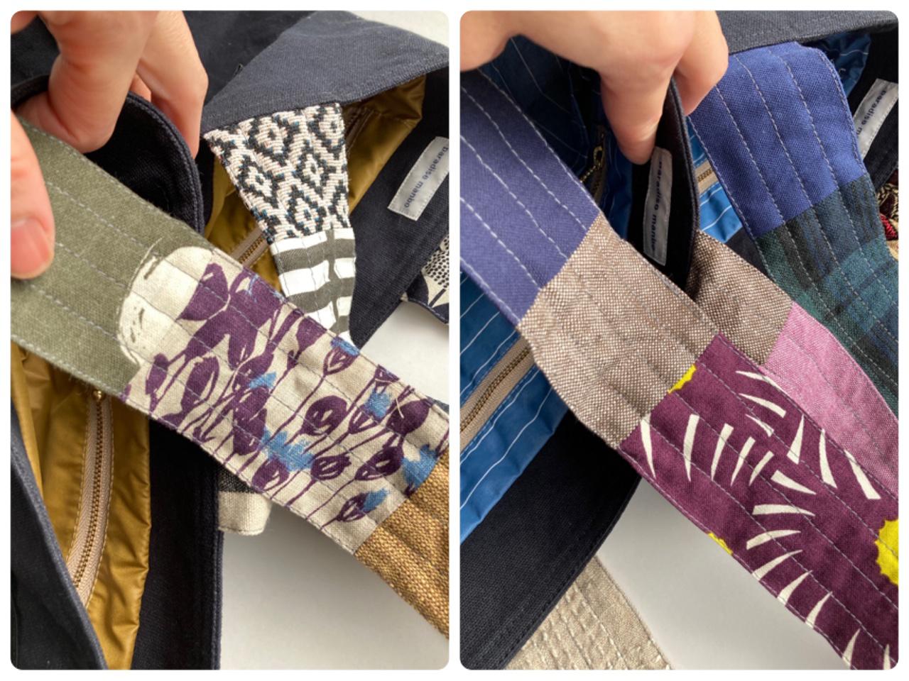 【 SALE! 】持ち手（4バージョンあります）がパッチワークのスクエアデイリーバッグ 黒帆布