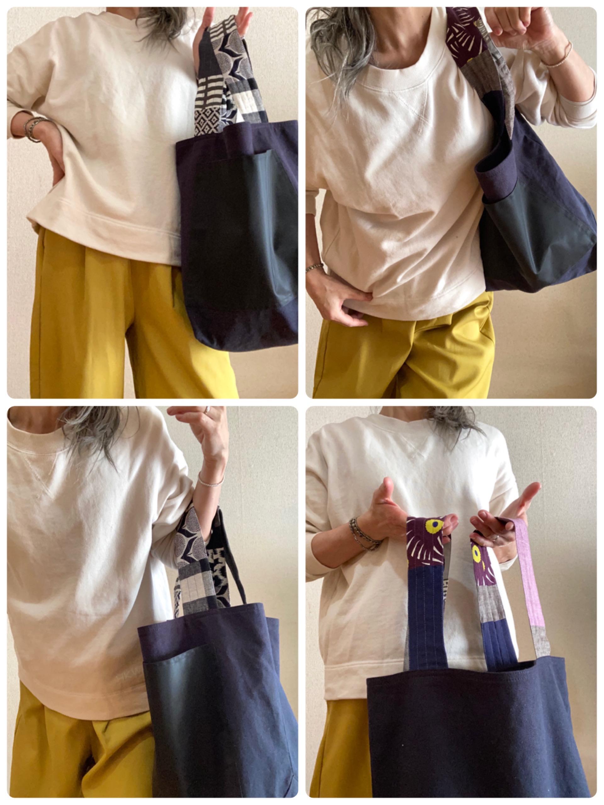 【 SALE! 】持ち手（4バージョンあります）がパッチワークのスクエアデイリーバッグ 黒帆布