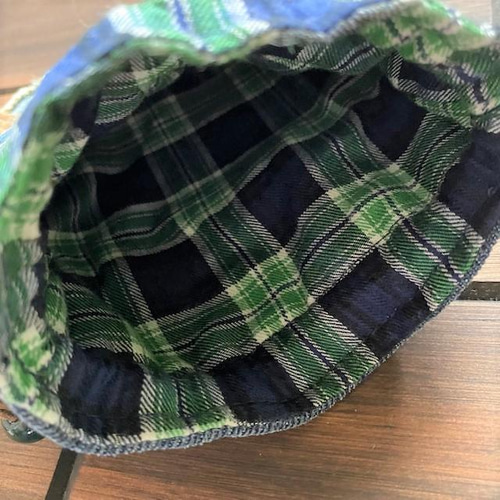 デニムリメイクの巾着ポーチ グリーンチェック 633 ポーチ