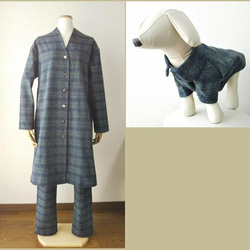 綿ネップキャンバス生地を使った小型犬サイズラグランスリーブシャツ犬服とお揃いの大人服Mサイズライトコートセット 3枚目の画像