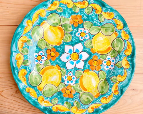 【美品】1960年代 アンティーク イタリア ローマ 作家物 飾り皿 陶器 絵皿 26cm GEO018 マヨリカ焼き イタリア陶器 レモン柄 飾り皿