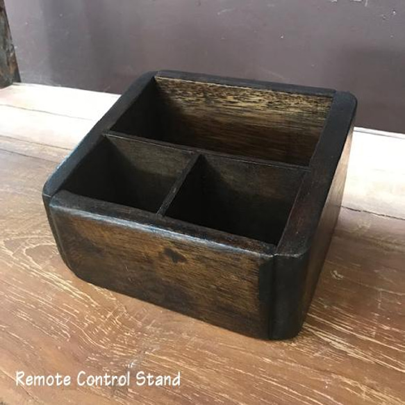 木製 チーク リモコンスタンド マルチスタンド 小物収納 収納ボックス 小物入れ ペン立てインテリア W-0456 1枚目の画像
