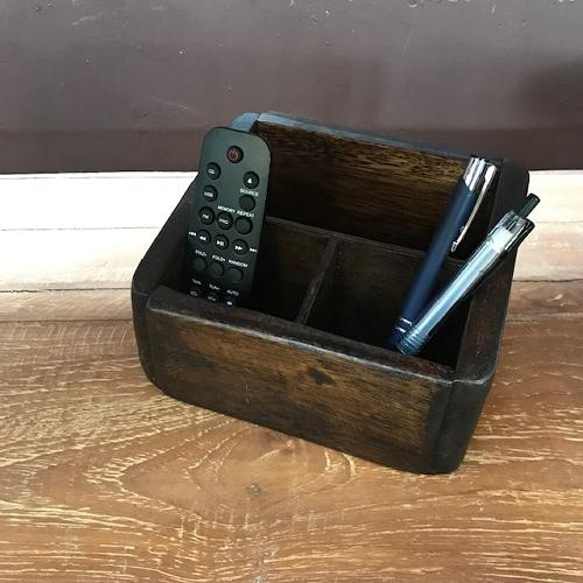 木製 チーク リモコンスタンド マルチスタンド 小物収納 収納ボックス 小物入れ ペン立てインテリア W-0456 4枚目の画像