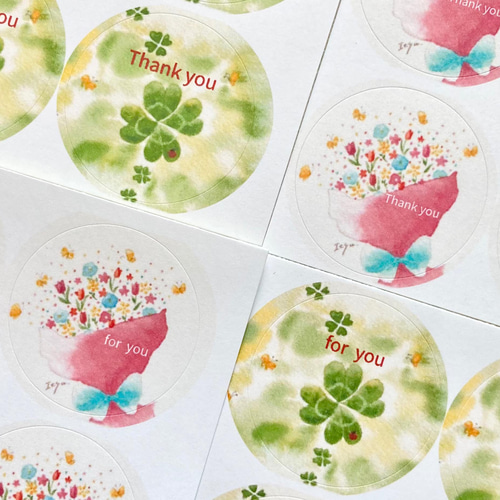 透明水彩画「四葉のクローバー、幸せの花束」丸シール48枚 サンキュー