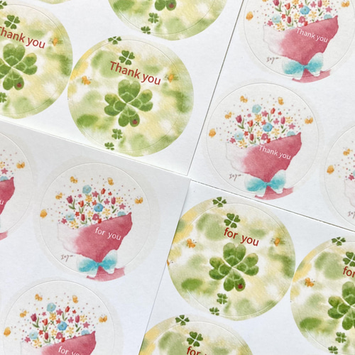 透明水彩画「四葉のクローバー、幸せの花束」丸シール48枚 サンキュー