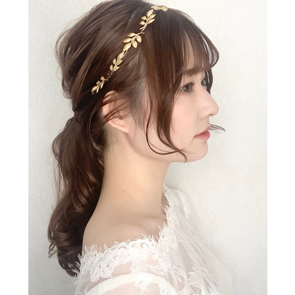 小枝 ウェディング ヘッドドレス　カチューシャ ブライダル ヘアアクセサリー リーフ  ゴールド　結婚式 花嫁 MA67 5枚目の画像