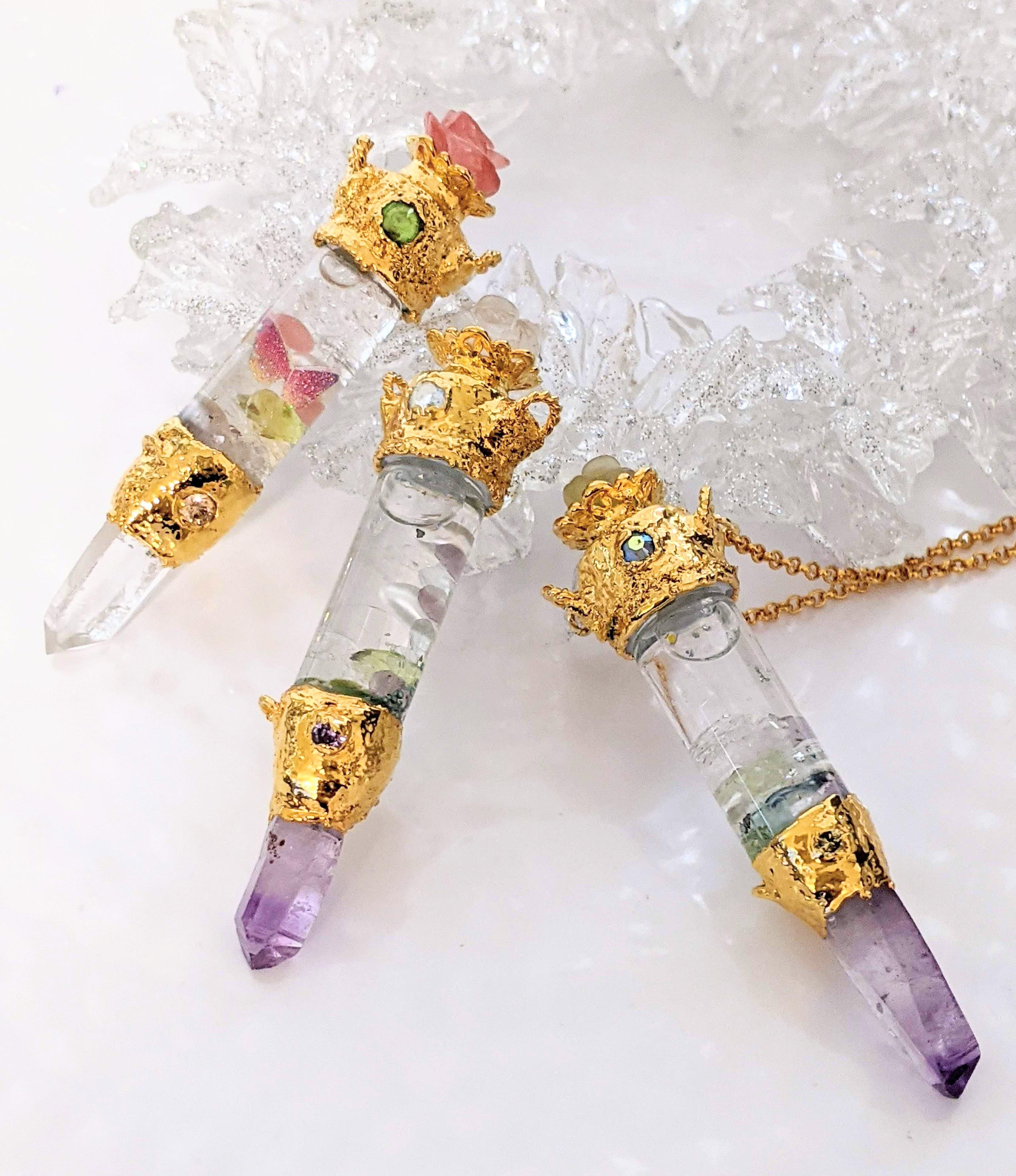 アメジストポイント ハーバリウムペンダント　サーティンペインローズ　エレクトロフォーミング