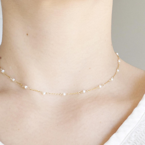 ベビーパール ステーション ネックレス 極小粒 14kgf 淡水パール 金属