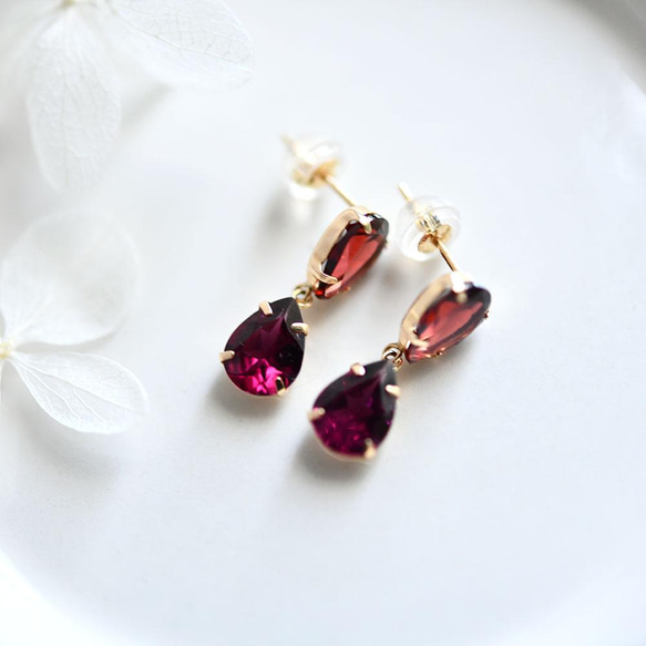 K18 Gold Drop Garnet &amp; Rhodolite Garnet 耳釘 一月生日石 第5張的照片