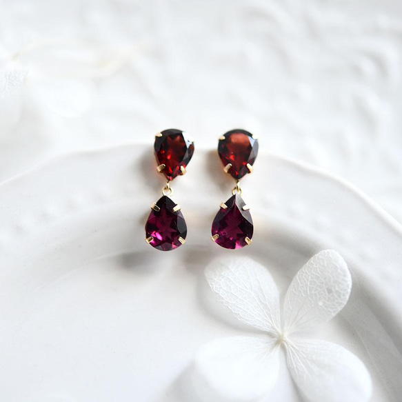 K18 Gold Drop Garnet &amp; Rhodolite Garnet 耳釘 一月生日石 第7張的照片