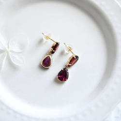 K18 Gold Drop Garnet &amp; Rhodolite Garnet 耳釘 一月生日石 第3張的照片