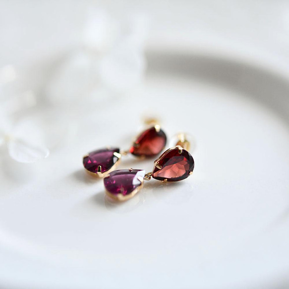 K18 Gold Drop Garnet &amp; Rhodolite Garnet 耳釘 一月生日石 第4張的照片