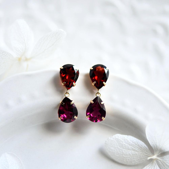 K18 Gold Drop Garnet &amp; Rhodolite Garnet 耳釘 一月生日石 第2張的照片