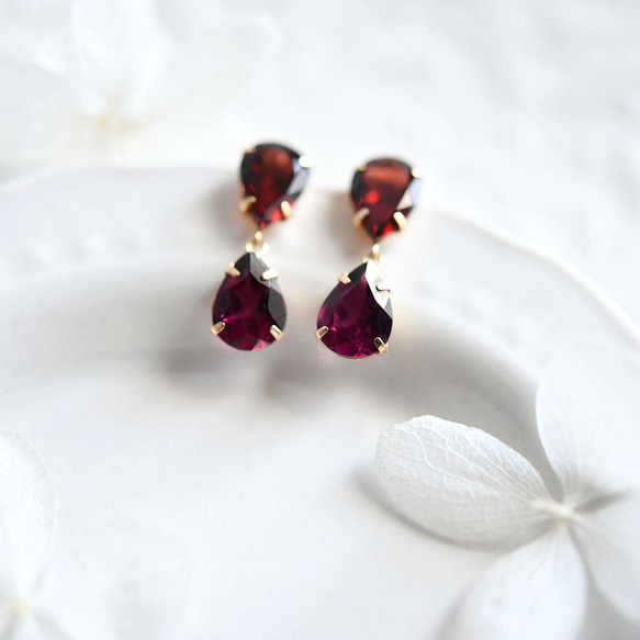 K18 Gold Drop Garnet &amp; Rhodolite Garnet 耳釘 一月生日石 第6張的照片