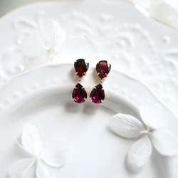 K18 Gold Drop Garnet &amp; Rhodolite Garnet 耳釘 一月生日石 第9張的照片