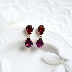 K18 Gold Drop Garnet &amp; Rhodolite Garnet 耳釘 一月生日石 第1張的照片