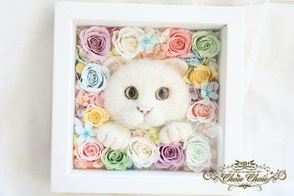 オーダーメイド製作　羊毛で再現した愛猫　フラワーフレーム 2枚目の画像