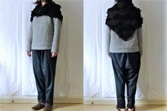 【完成品】黒/ジャガード織フリンジコットン　四角ショール 2枚目の画像