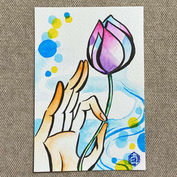 原画】水彩画・蓮の花を持つ仏掌② 絵画 マキ 通販｜Creema(クリーマ 