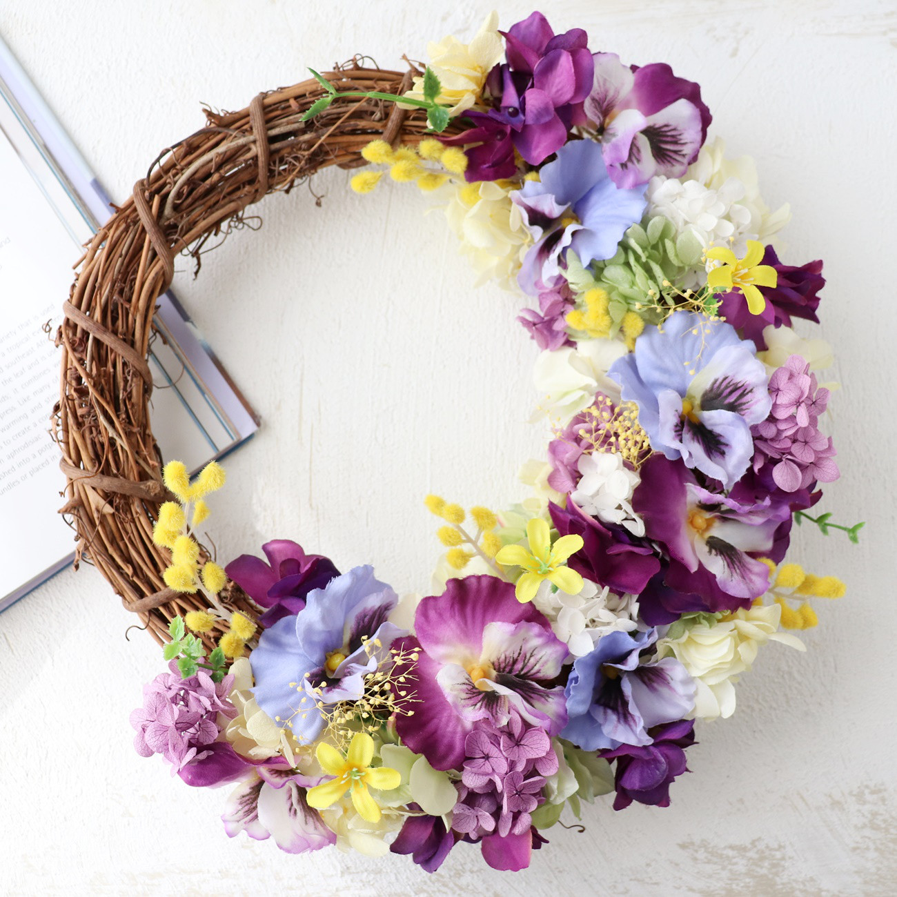 再9 春のダンス♪ ミモザとパンジー リース 28㎝