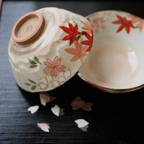 京焼・清水焼 ご飯茶碗 雲錦（桜と紅葉）サイズ：大 茶碗・めし