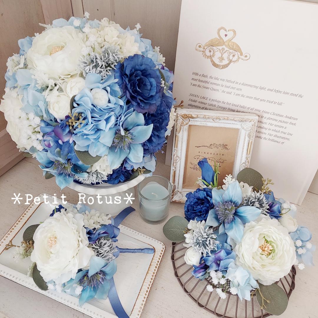 ウェディングブーケ 再再販♥ブーケ＊ブートニア＊髪飾り3点 セット● 結婚式