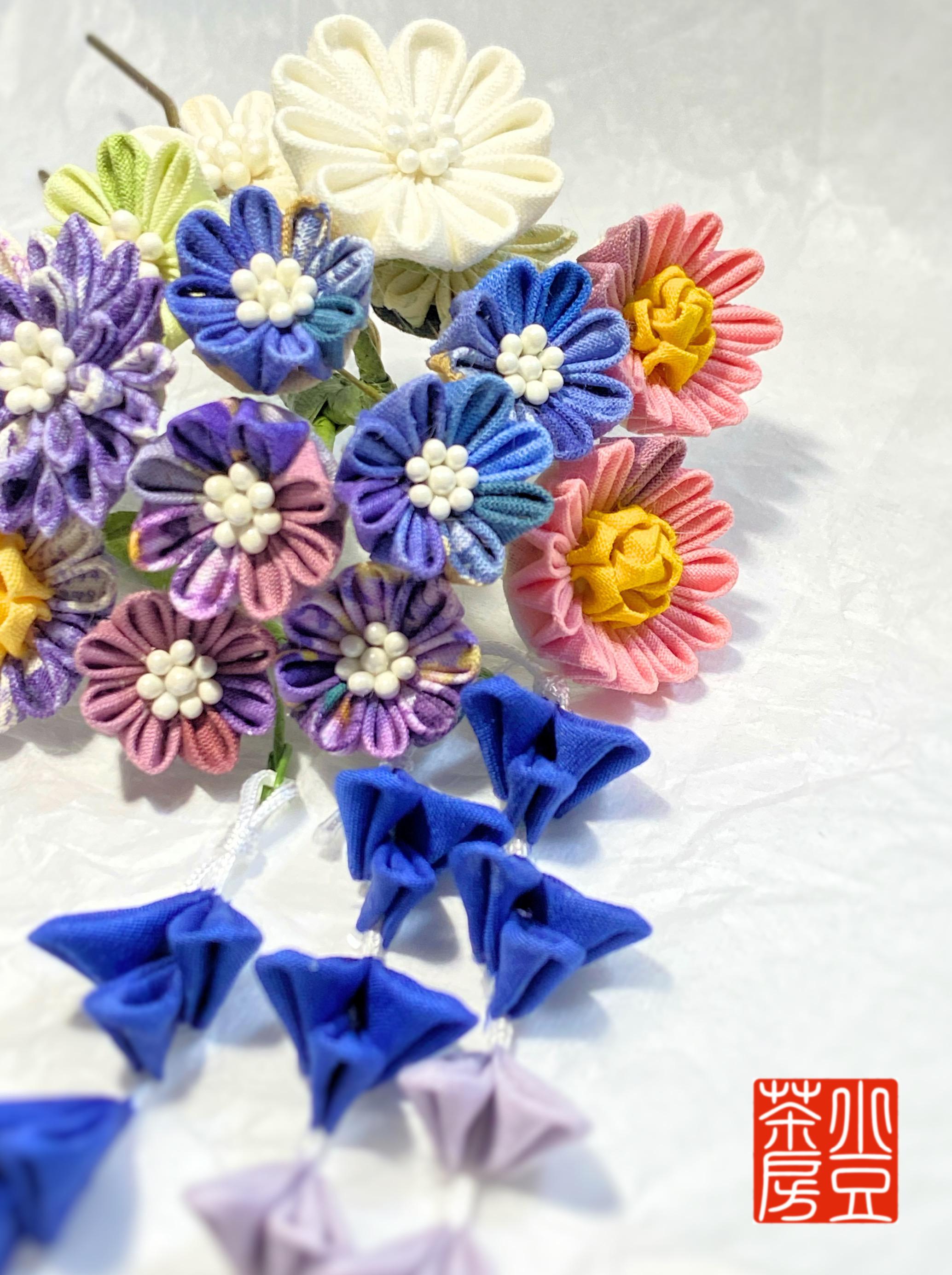 ✿つまみ細工簪@kanzashi flower 青と桃系花束（ミディアムサイズ飾り3本とさがりセット