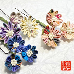 ✿つまみ細工簪@kanzashi flower 青と桃系花束（ミディアムサイズ飾り3本とさがりセット 3枚目の画像
