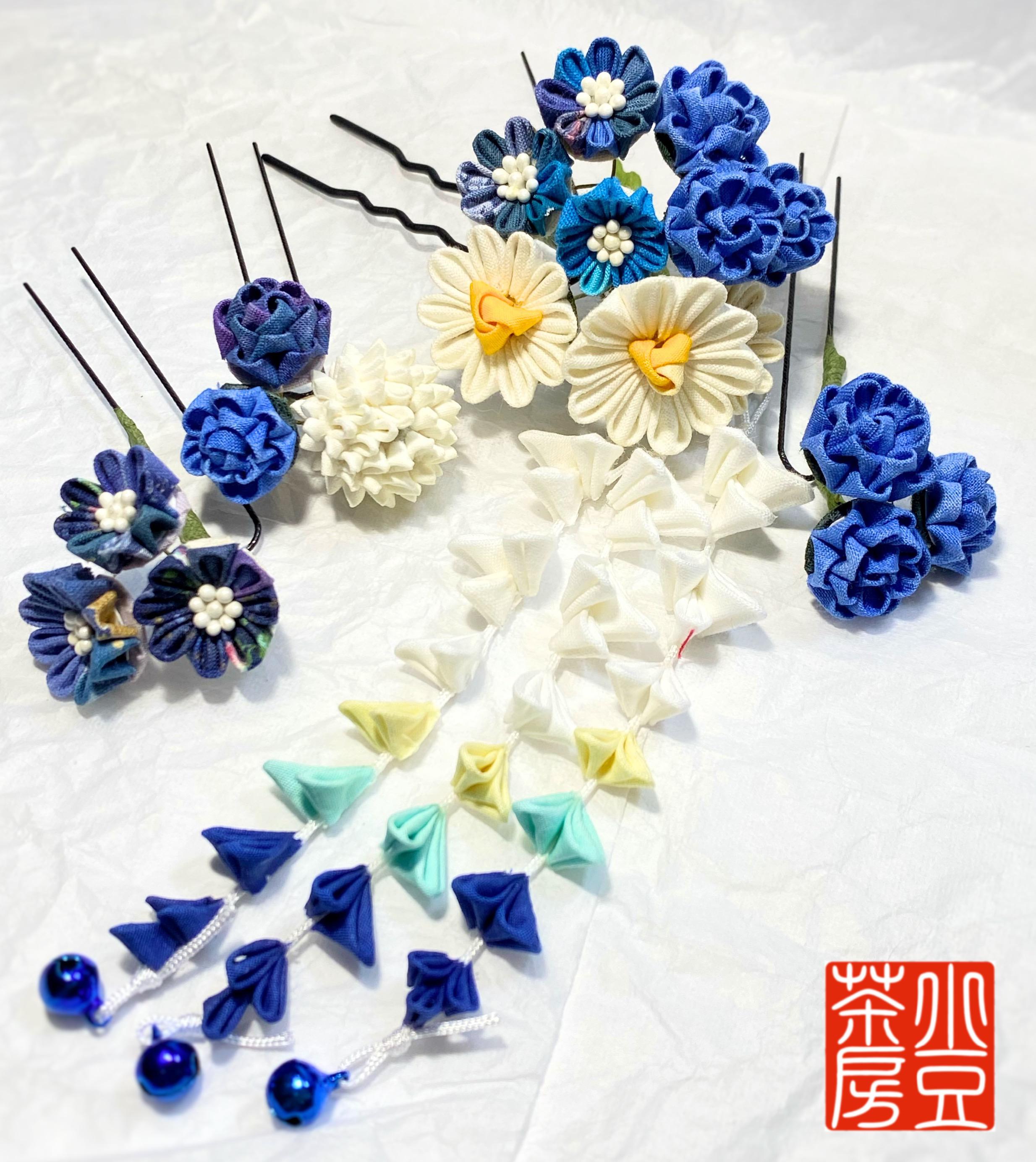 ✿つまみ細工簪@kanzashi flower 青系花束（ミディアムサイズ飾り3本とさがりセット 4,544円