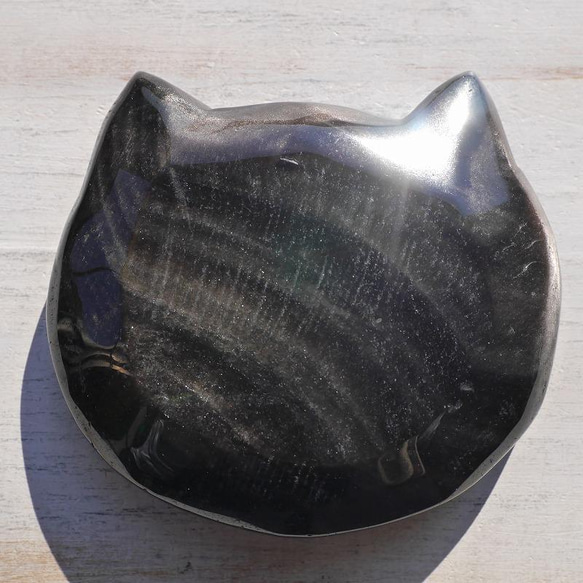 天然石オブシディアン猫型皿(メキシコ産)と水晶さざれ石のセット 約最大幅91×80mm [obct-220120-01] 16枚目の画像