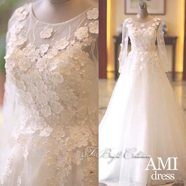 ウエディングドレス 刺繍 小花のモチーフ 袖付き 88366 ドレス AMI