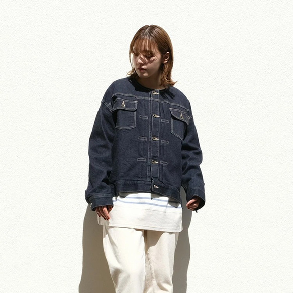 11oz DENIM ノーカラージャケット Gジャン VBJ213364 vent blanc+  ヴァンブランプリュス 3枚目の画像