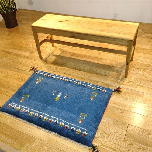 ペルシャ ギャッベ 玄関マット 横柄 90x60 ブルー 花 ギャべ