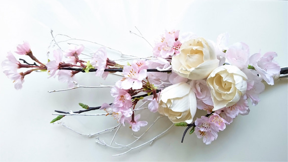 桜とピオニーの白枝入りブーケ&スワッグ 白×ピンク 9枚目の画像
