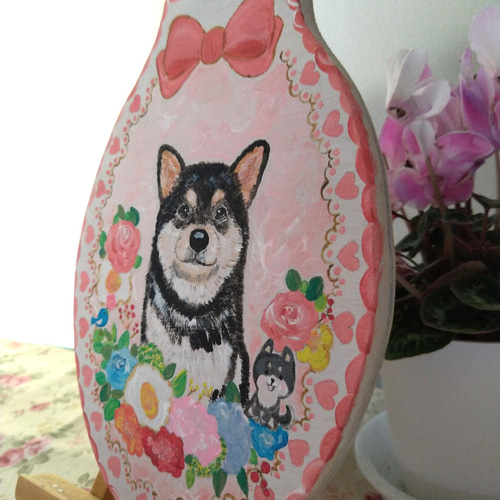 トールペイント☆黒柴 柴犬 豆柴 ローズ色花リース 犬ペット似顔絵