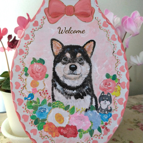 トールペイント☆黒柴 柴犬 豆柴 ローズ色花リース 犬ペット似顔絵