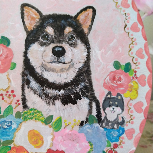 トールペイント☆黒柴 柴犬 豆柴 ローズ色花リース 犬ペット似顔絵