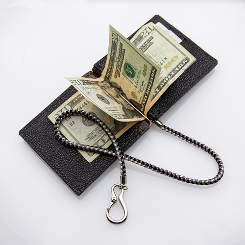 姫路黒桟革を使ったマネークリップ 組紐とのコンビで ブラック