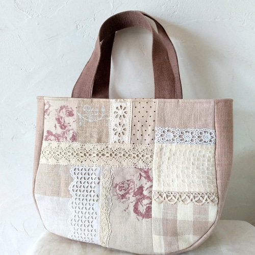 パッチワーク*アンティークレース*リネン*バッグ トートバッグ linge 